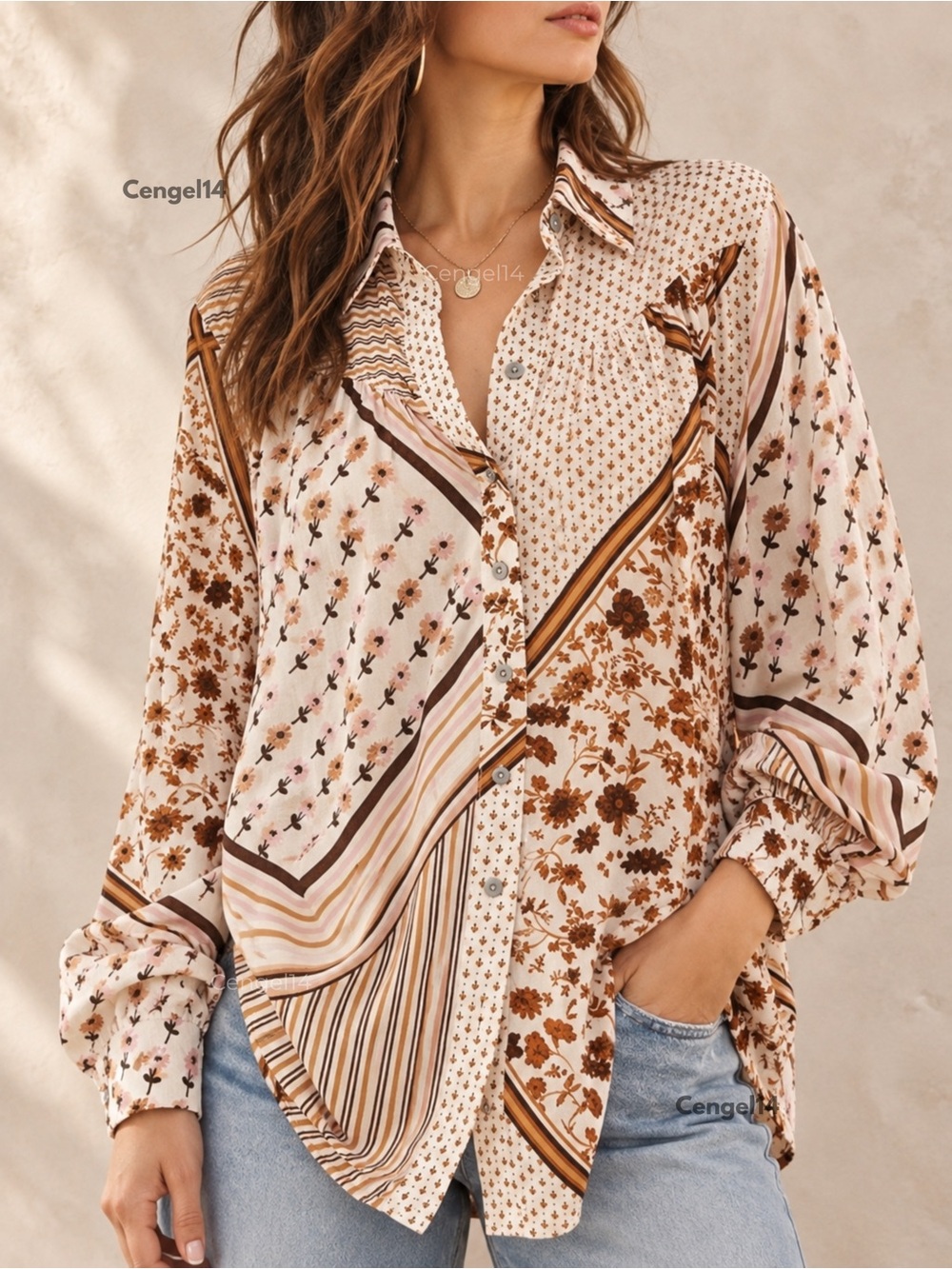Free People Hazel Oversized Button Down Tea Combo Patchwork Floral Shirt S NWT